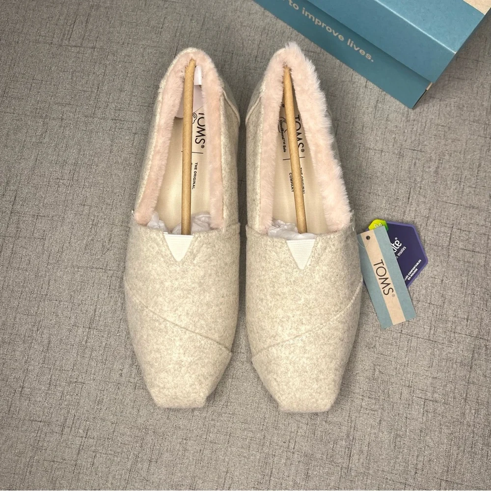 TOMS Alpargata Natural Felt Slipper Shoes with Pink Faux Fur Lining Nwt - Picture 9 of 11